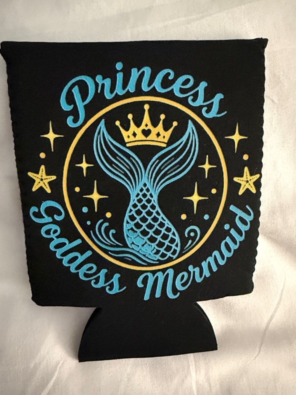 Princess Goddess Mermaid Can Cooler - Black with Blue and Gold Design
